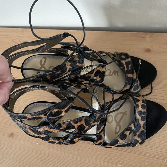 Sam Edelman Block Heels Strappy Sandals 8.5 Gladiator Dyed Cow Fur Leopard Print - Picture 8 of 11